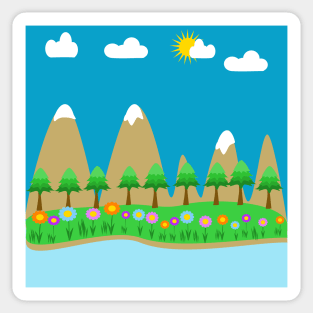 A scenic landscape with a mountains, trees,  sky, clouds and a river with boat Sticker